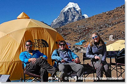 The team of three back together at base camp for their final night before packing up and heading down