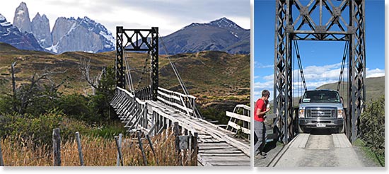 Left: The old sketchy bridge - Yikes! Right: The good old days crossing the bridge