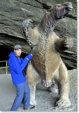 Andrew at the entrance of the cave posing next to a Milodon. The cave is approximately 656 ft. (200m) long; 95ft. (29m) high and 396ft. (121 m) wide, it descends for some 65ft. (20 m) from the entrance level.