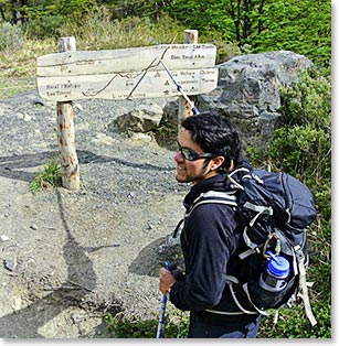 Guide Claudio Bravo pointing to our trek for today: the first leg of the W trek