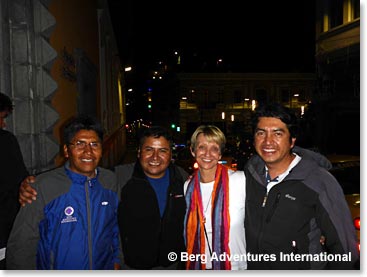 Margaret going out for dinner with Osvaldo and Sergio who has just arrived from Bolivia and Joaquin, our great Ecuadorian guide