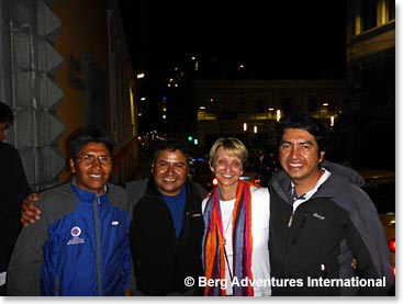 Margaret going out for dinner with Osvaldo and Sergio who has just arrived from Bolivia and Joaquin, our great Ecuadorian guide