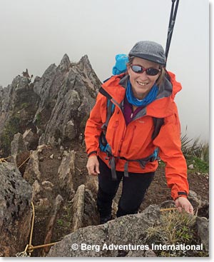 Marie-Jo scrambling through the rock section