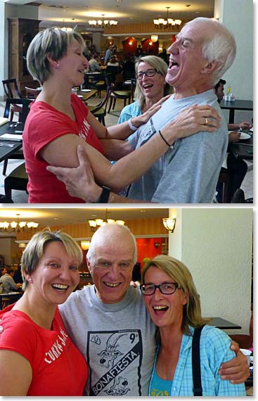 Goodbyes with smiles (right) Margaret, Martial and Marie-Jo