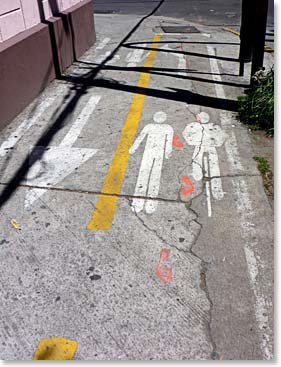 Back in the big town of Quito, this sidewalk is hardly used though the message is clear!