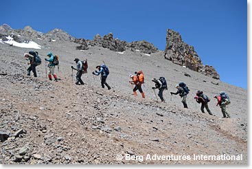 The team climbing past 15,000 feet toward our goal for the day, Plaza Canada at 16,000