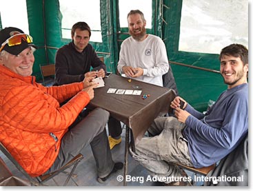 Mac, Diego, our cook at base Camp, Scott and Ramiro, our base camp manager, played poker this afternoon 