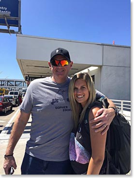 Left:Since they first signed up for the trip, we enjoyed following their preparations and training routine getting ready for this trek. Here Garv and Kylie training in California; Right: At the airport in San Diego leaving for Nepal