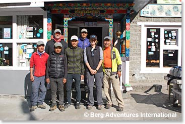 Garv and Kylie with their team just before leaving Sunrise Lodge in Phakding at 8:00 AM this morning.