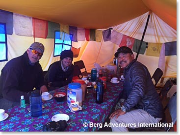 The Icefall Doctors keep prayer flags hanging in their dining tent.