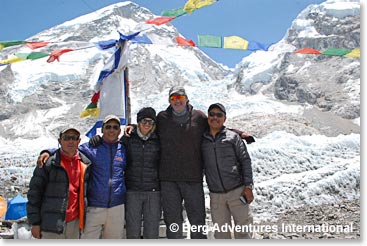 The Team: Jyeta, Min, Kylie, Mark and Temba in front of the Khumbu Icefall at Base Camp