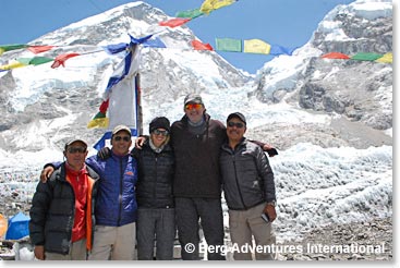 The Team:  Jyeta, Min, Kylie, Mark and Temba in front of the Khumbu Icefall at Base Camp