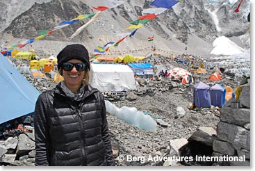 Kylie amidst all the color and activity at Everest Base Camp