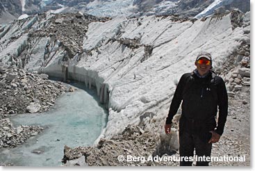 Down the glacier a ways from Base Camp, Mark is standing in at area that shows just how wild this glacier looks.