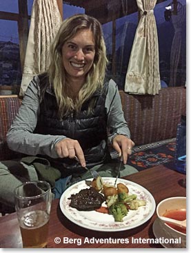 Kylie enjoys Yak Steak, potatoes and fresh vegatables.