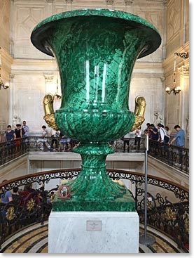 The large malachite vase is located in the Malachite Room (Alexander Briullov, 1839). The room  served as the state drawing-room of Empress Alexandra Fiodorovna, the wife of Nicholas I. 