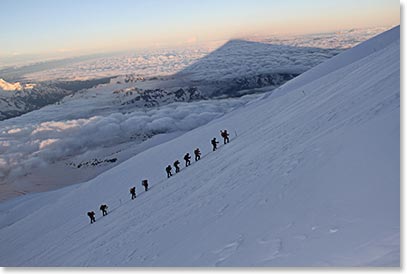 We started climbing at 4:00 AM as the sun was rising and soon we saw the shadow of Mount Elbrus (photo credit: Anatoli)