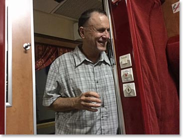 Soon after we were rolling, Jerry Trust poured some vodka. We enjoyed some drinks and conversation in our various cars for a while as we started down the tracks, but soon everyone was sleeping soundly. Bob and Nick woke up early and went into the dining car for an early breakfast.