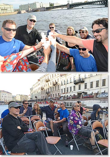 At seven, after long day-of touring in St Pete we boarded our boat and opened two bottles of wine. Cheers on the Neva River