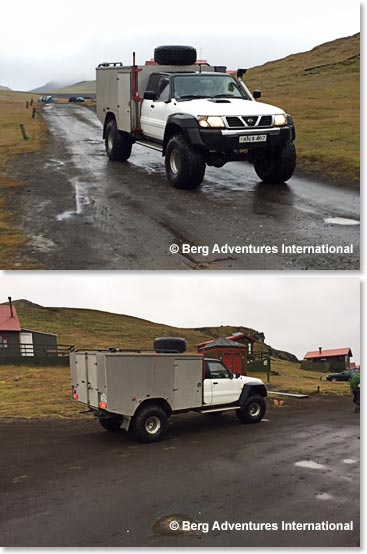 Our impressive 4-wheel drive driven by Einar, who also makes a mean lamb soup. Einar takes our baggage on the roads while we hike cross country with day packs then he brings them out to the hut. 