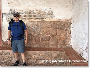 Chuck at wall that shows Spanish plaster over Inca wall