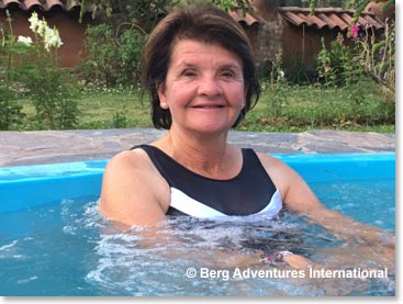 Sue enjoying a soak in the hot tub after long day hiking and touring Inca Trail sites 