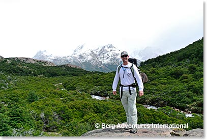 Cole on the trail, great views, despite some clouds