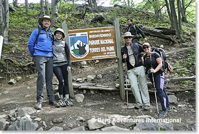 Our team by the Torres del Paine welcome sign