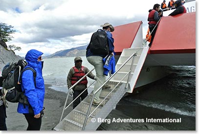 Boarding the catamaran Lago Grey