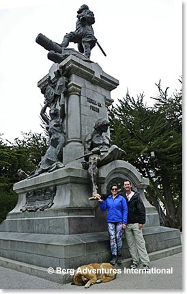 We visited the statue of Magellan in the city plaza.  Besides explorer’s history, Punta Arenas is known for its friendly, well - kept street dogs - this one joined us for our photo