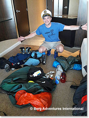 Colin Huffines sorting his gear at Mendoza’s Park Hyatt