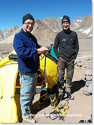 Francisco Coelho and Marten checking out their crampons at Plaza de Mulas