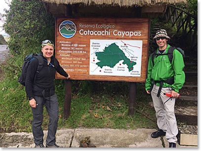 Kristine and Michael at the trailhead. The goal for today is to hike around the 'Guinea Pig Lake'; a wide crater lake in the caldera at the foot of Cotacachi Volcano. The caldera was created by a massive eruption about 3100 years ago.
