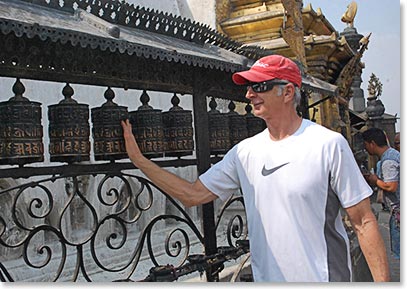 Spinning the Prayer wheels, something that this team will do hundreds of times in the Everest Region