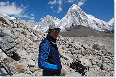 As you approach Gorak Shep, the beautiful mountain, Pumori, looms above the trail