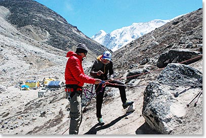 Kami teaching fixed line technique at Island Peak Base Camp