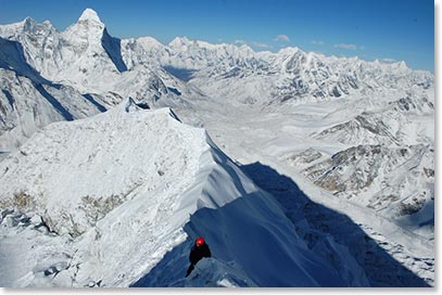 Morning of May 4. Mark on the summit ridge of Island Peak