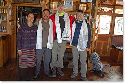 Back in Pangboche at the lodge with Yangzing and Temba after a successful trek and climb.