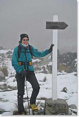 Chris by the sign to Huayna Potosi Glacier