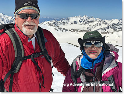 'Voudie' and Karina climbing today. They climbed together on Berg adventures Elbrus Expedition thirteen years ago in 2004. Karina was a young assistant guide for BAI. That year in summit day Woodie grabbed another young assistant guide for BAI on the saddle and said let's go I hate to move slow. They were first on the top. Karina still pronounces Woodie's name 'Voudie' . He remembers that from 2004. So I am calling him 'Voudie' now!