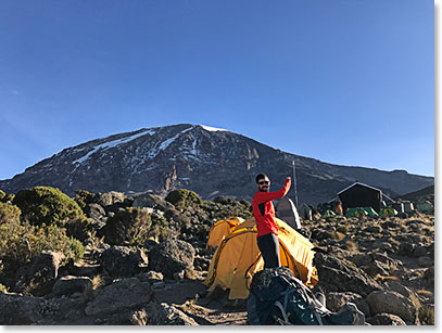 Josh pointing to our goal, the summit of Kilimanjaro!