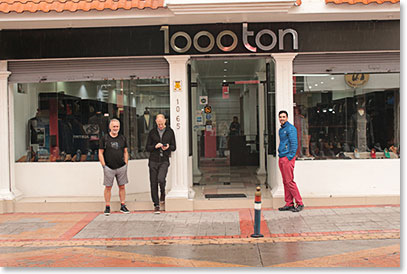 Chuck, Gordon and Joaquin waiting outside the leather shop