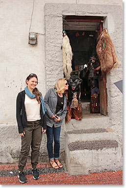 Paula meets the monkey wearing leather pants; at one of Cotacachi most famous leather shops