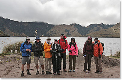 Team at the trailhead with Mojanda Crater Lake on the background