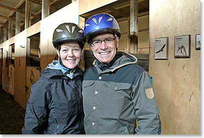 Bev and Cliff at the stables preparing to ride this morning