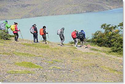 Trek along Lake Nordenskjold on our way to Cuernos Camp