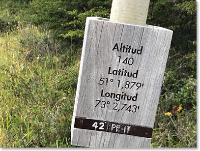 Sign along the trail. We are 140 metres above sea level and 51 degrees latitude south. The same latitude as Calgary in north