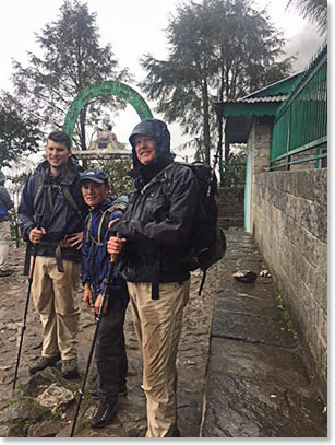 Scott, Jyeta and Jack at the entrance to the village of Lukla