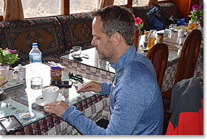 Scott Walker getting ready to enjoy cappuccino at Panorama Lodge