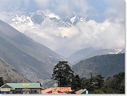 Our view of Everest and Lhotse from Tangboche